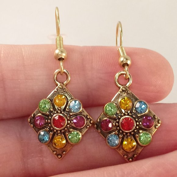 Gold Plated Multi Color Crystal Rhombus Shape Dangle Earrings Women's Party Gift - Picture 2 of 4